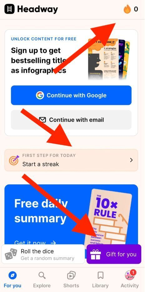 Headway in-app retention: streak, free daily summary, daily picks